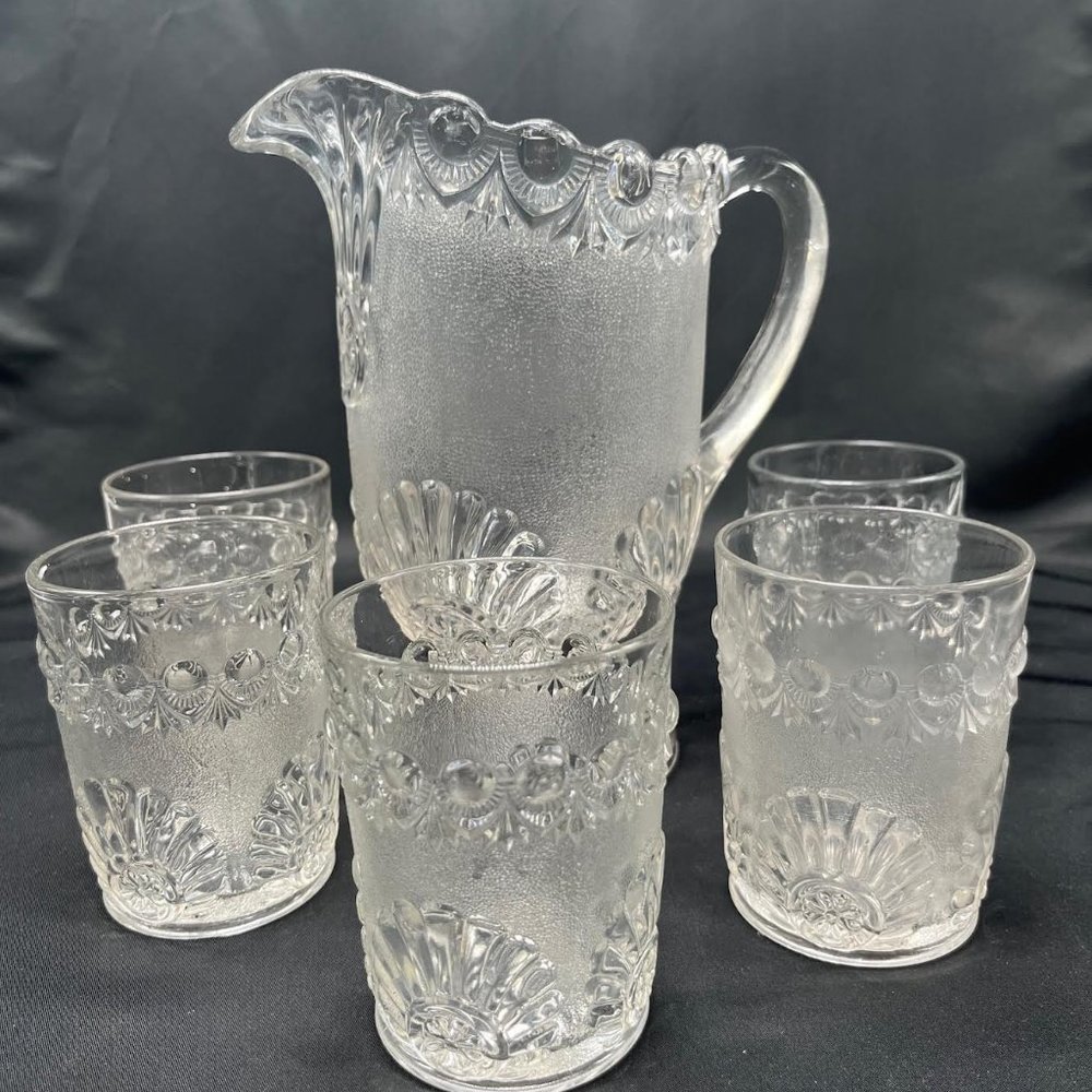 1893-1896 Early American Pattern Glass Water Set "Shell & Jewel"
